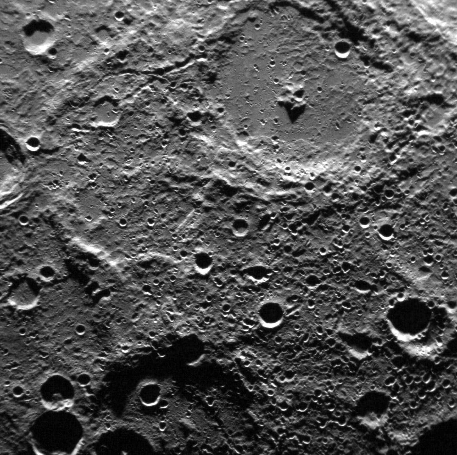 Boccaccio crater, which measures 88 mi. (142 km) across has now posed for two spacecraft. Named for 14th-century Italian poet and novelist Giovanni Boccaccio, the crater was first photographed by Mariner 10, when it conducted a non-orbital flyby in 1974. Like many craters on Earth’s moon, Boccacio has a prominent central peak, which was formed by uplift from beneath the surface at the point of impact.