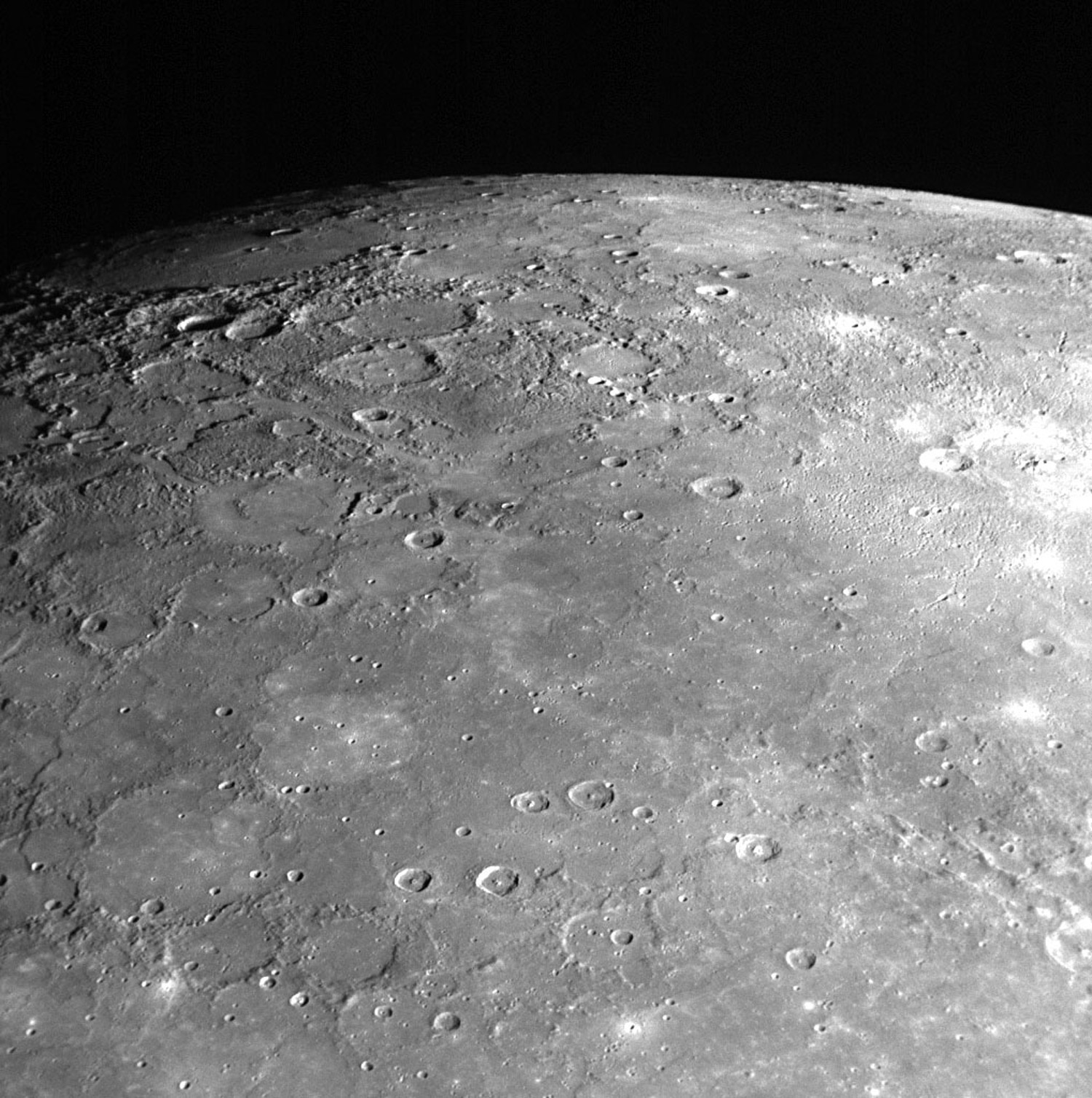No Santa Here: During a 2008 flyby, Messenger’s narrow angle camera captured this image of Mercury's north pole. Until that moment, this region been terra incognita, never before seen by spacecraft. The low angle of the sun throws surface features into sharp relief, making it easier to understand the local topography. For reasons not yet understood, the north pole of the planet is more heavily cratered than the south.