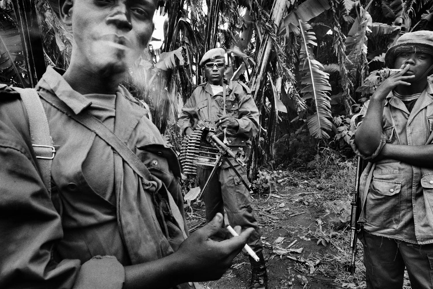 Soldiers of General Mathieu Ngodjolo, leader of the MRC (Movement for the Revolution of Congo) militia, in their stronghold of Zumbe in 2006. The militia, like their government-soldier counterparts, have been accused by Human Rights Watch of using rape as a weapon of war.