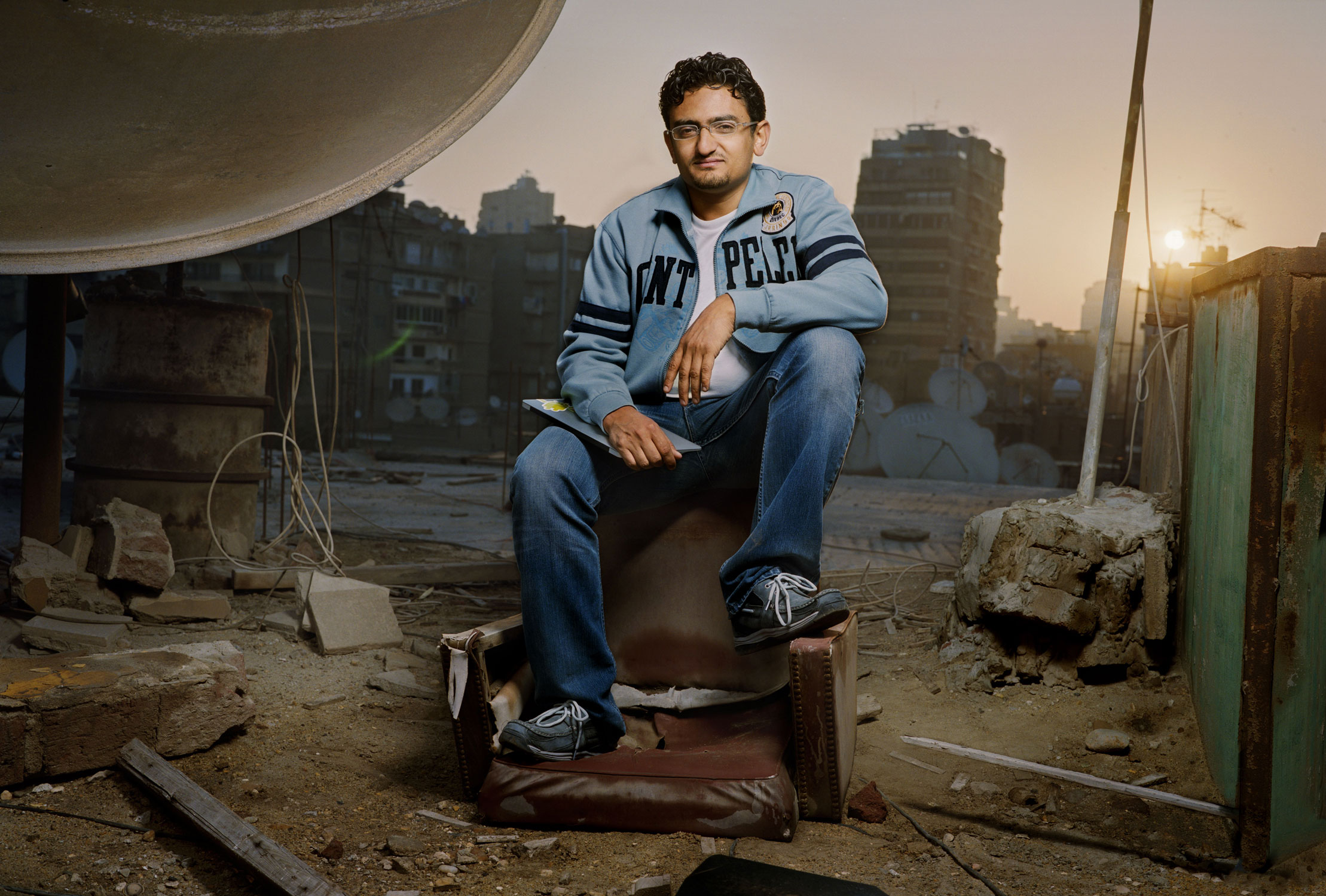 Ghonim on the roof of his mother’s apartment building in Cairo at sunrise