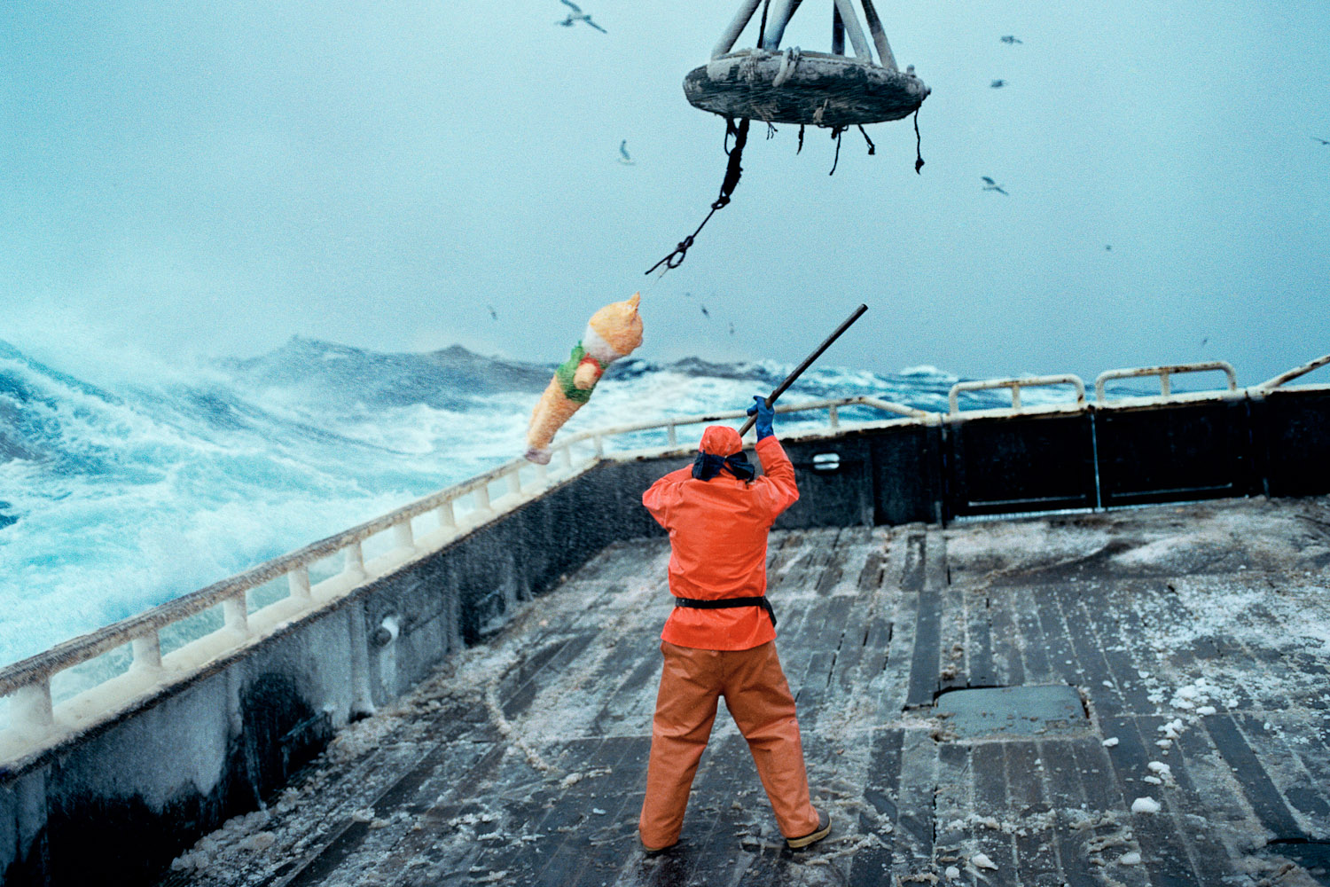 Bering Sea Birthday, 2006
                              Every year, fellow deckhand Matthew's birthday falls a few days into the Opilio crab season, on a grueling 20-hour workday. In 2006, Arnold surprised him with a piñata, as an icy storm raged around them.