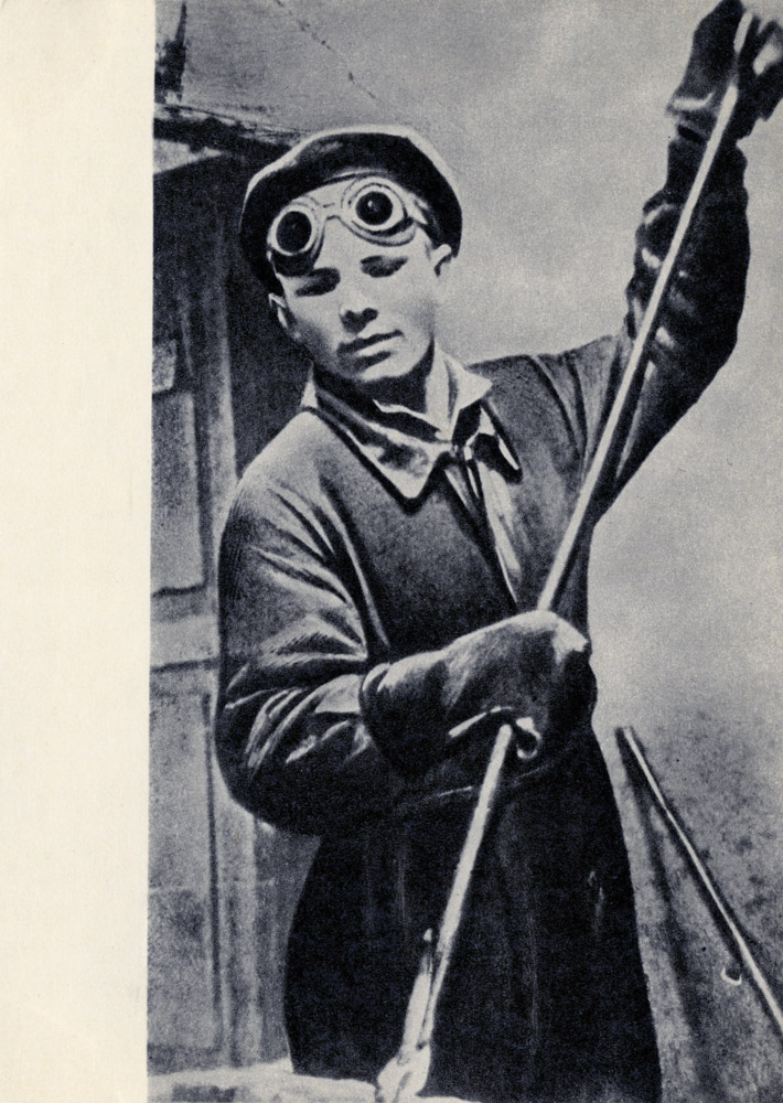An image playing up Gagarin's proletarian credentials shows the future cosmonaut at work in a foundry that manufactured agricultural machinery. But the way Gagarin's goggles rest on his forehead, instead of over his eyes, where they would surely be more effective protection, throws the veracity of the photo into doubt.