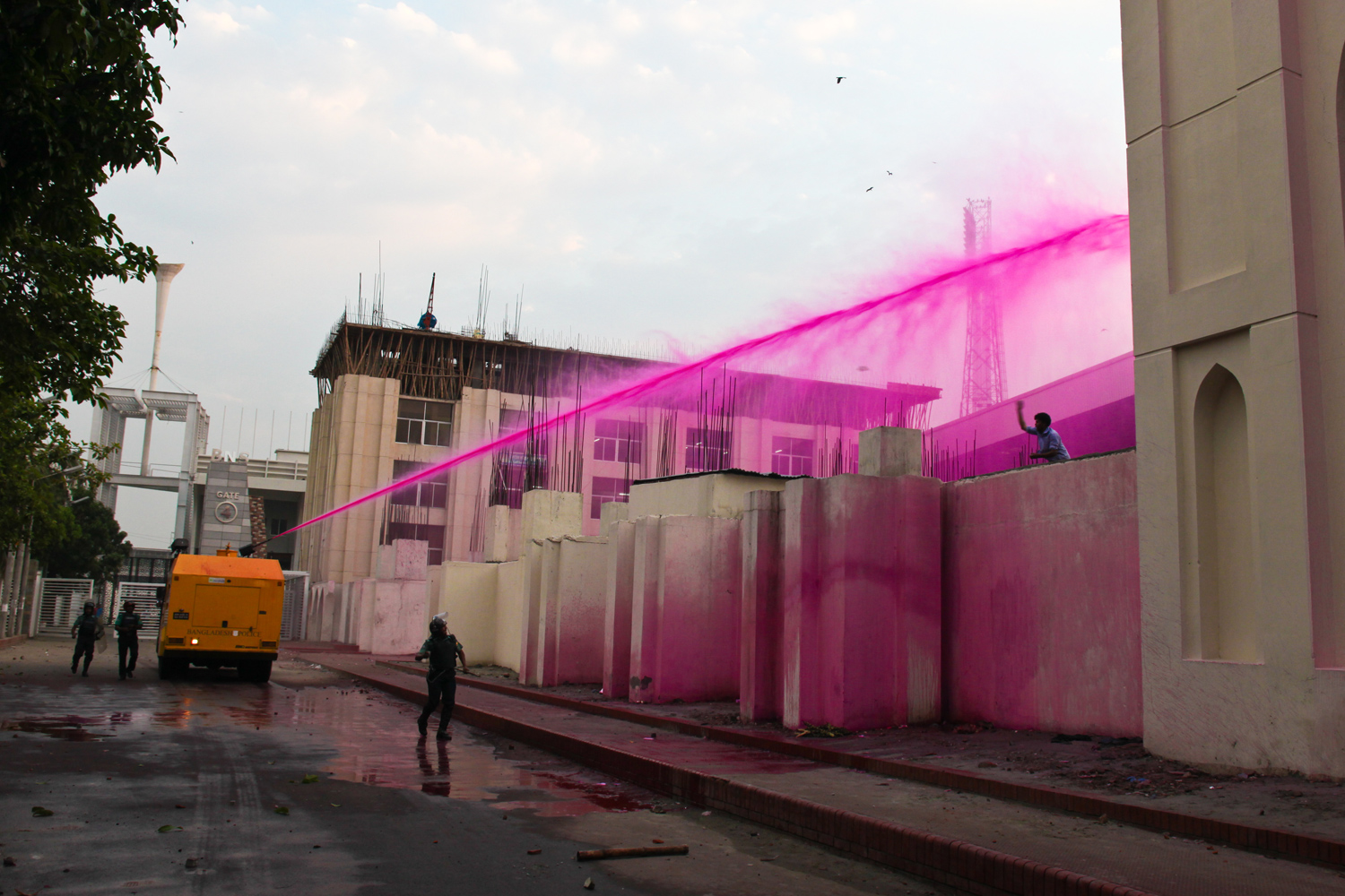 Police use a water cannon during a demonstration on the streets of Dhaka, Bangladesh, April 5, 2011.