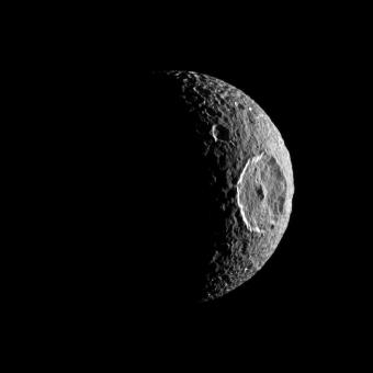 Saturn's moon Mimas as seen by the Cassini Orbiter on October 16, 2010. (NASA/JPL/Space Science Institute)