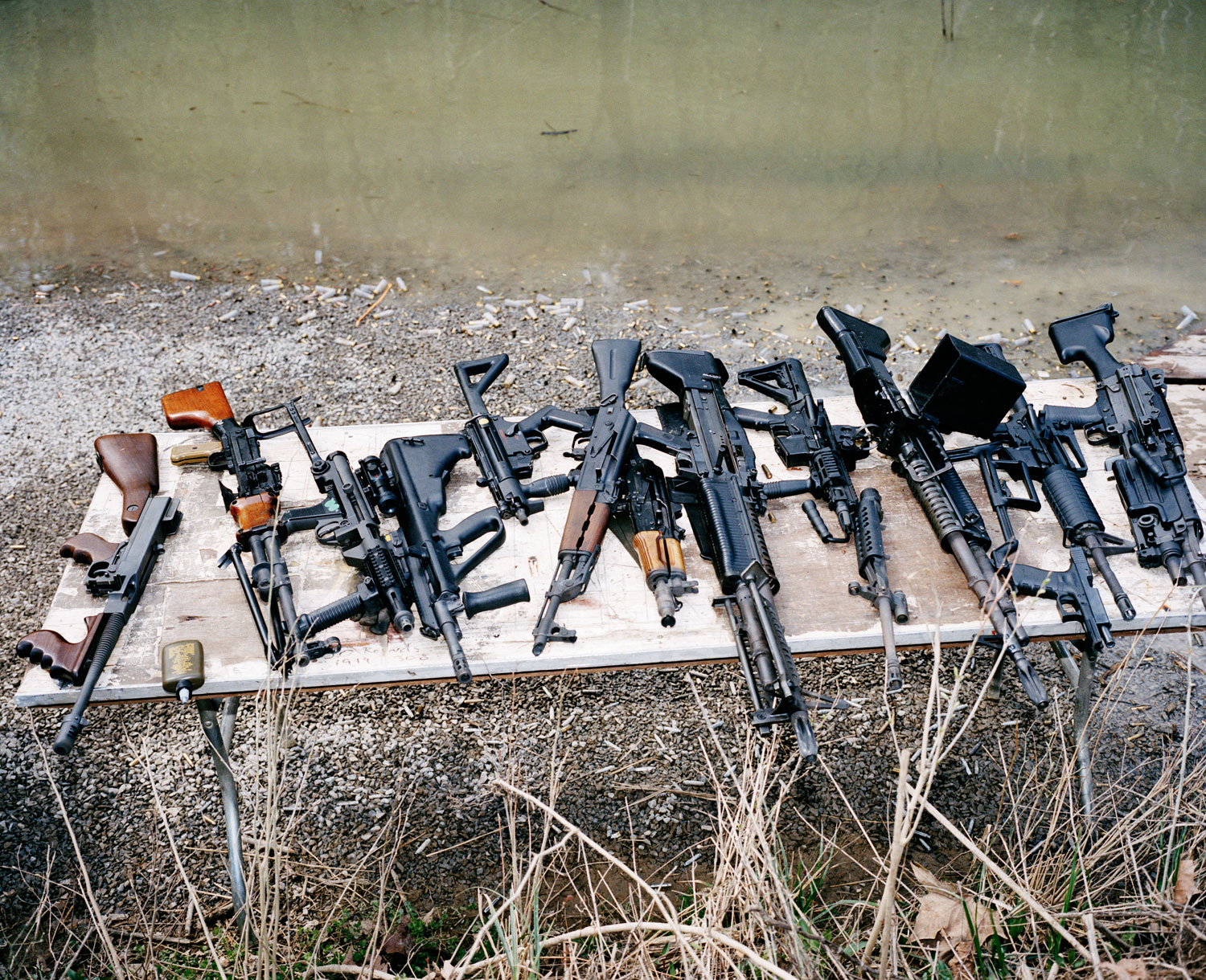 Rental weapons are lined up, ready to use.