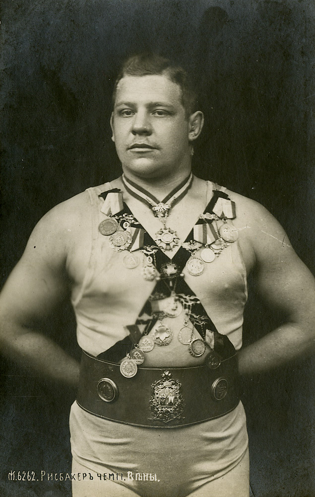 Risbacher, a photo postcard; The caption, written in Russian, describes him as the champion of Vienna