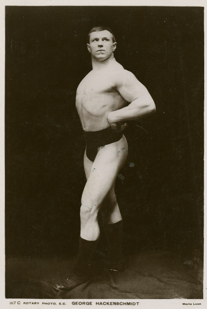 George Hackenschmidt, a mass-produced photo card; Though he was one of the most talented of the turn-of-the-century champions, Hackenschmidt suffered in popularity because he was a  poor showman.