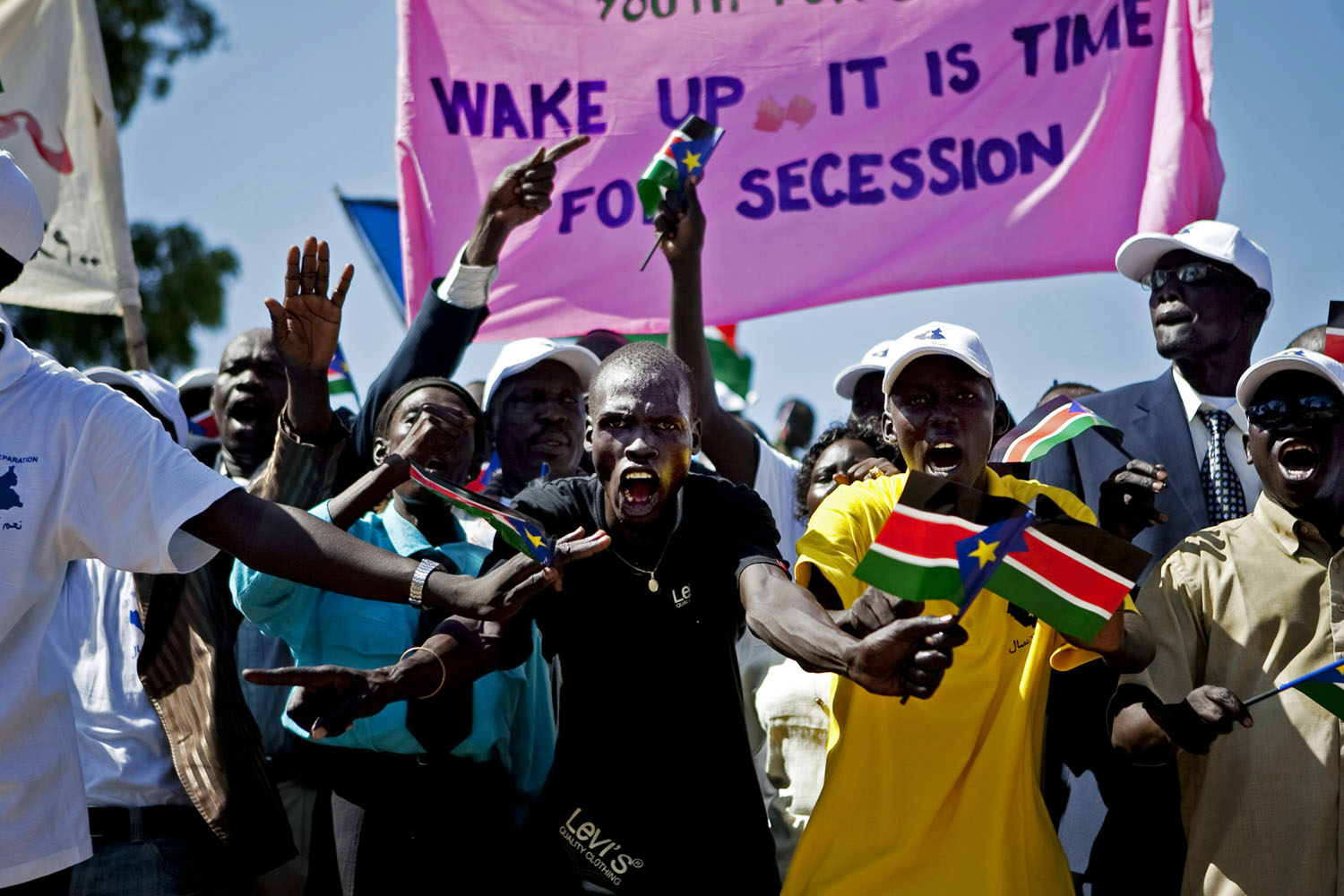 Southern Sudanese youth rally for secession in the capital city of Juba. Throughout 2010, youth movements campaigned heavily to bolster support for southern independence in the lead up to the January 2011 referendum.