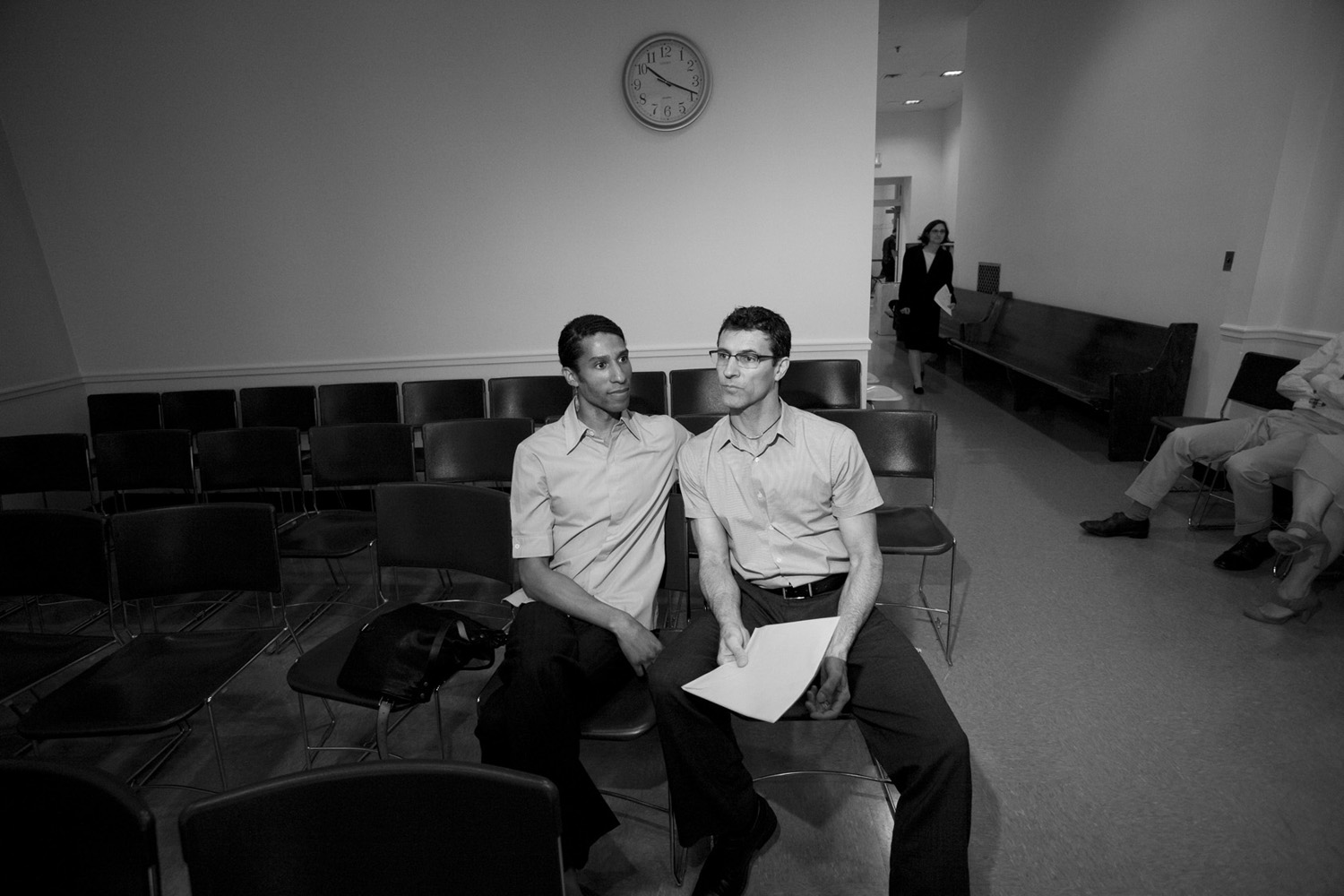 Same sex couple Michael Argilla and Stacy Spence wait for their marriage ceremony to begin at Brooklyn Municipal Building, Brooklyn Borough Hall.  The couple, who has been together for 20 years, says,  this ceremony affirms their love and commitment to each other.