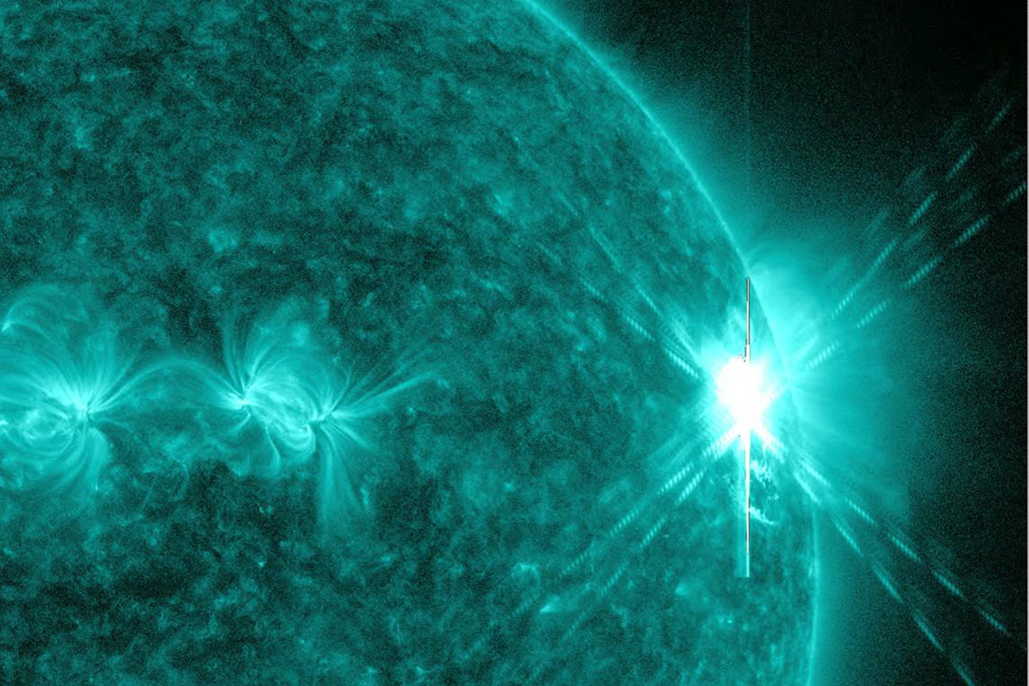 August 9, 2011. An Earth-directed X6.9 flare(R) that began at 3:48 AM EDT, and peaked at 4:05 AM EDT. The flare burst from sun spot region AR11263, before it rotated out of view. These gigantic bursts of radiation cannot pass through Earth's atmosphere to harm humans on the ground, however they can disrupt the atmosphere and disrupt GPS and communications signals. The flare is strong enough to potentially cause some radio communication blackouts. It also produced increased solar energetic proton radiation — enough to affect humans in space if they do not protect themselves. This image is from the beginning of the event just before the satellite sensors were overwhelmed by energetic particles.