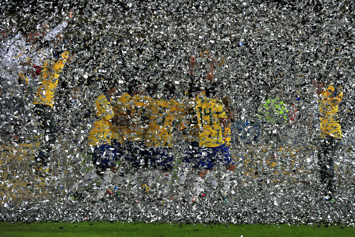 August 20, 2011. Brazilian players celebrate at the end of the FIFA 2011 Under-20 World Cup final match against Portugal in Bogota, Columbia. Brazil won 3-2 in overtime.