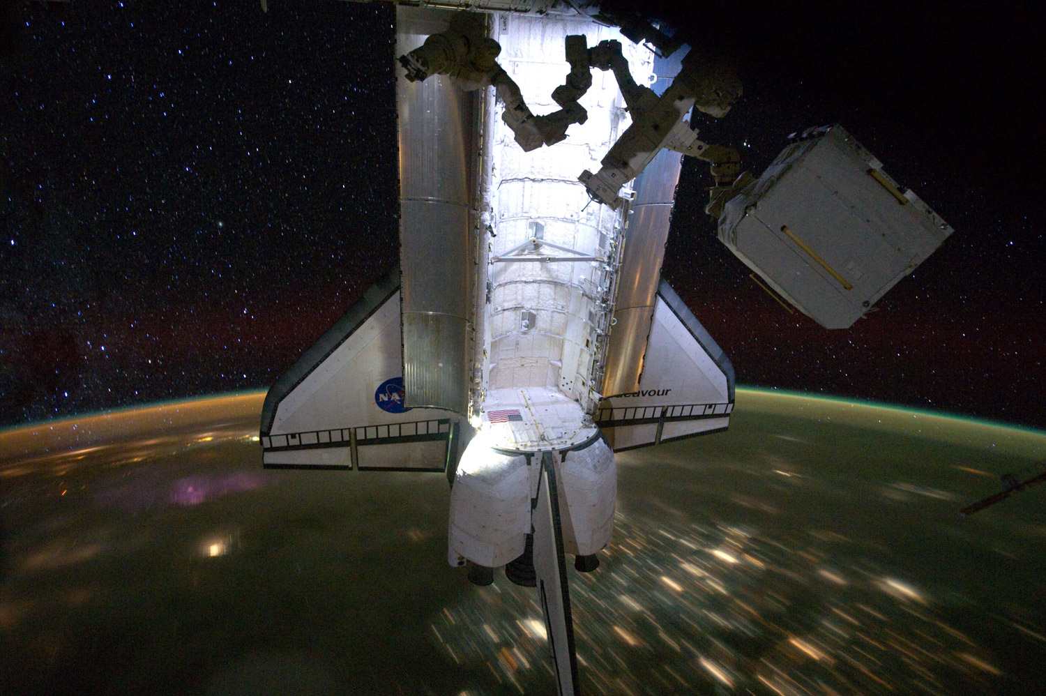 The space shuttle Endeavour docks at the International Space Station during its last mission, May 28, 2011.
