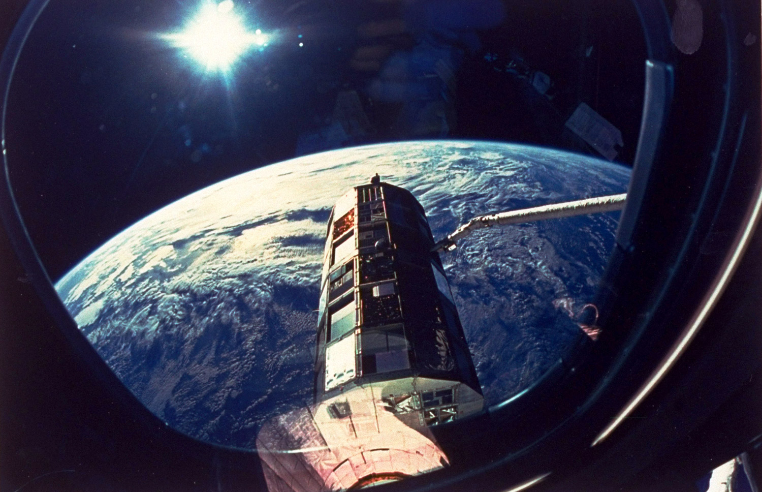 A view from the space shuttle Columbia's starboard flight deck of NASA's Long Duration Exposure Facility with Earth in the background, January 20, 1990.
