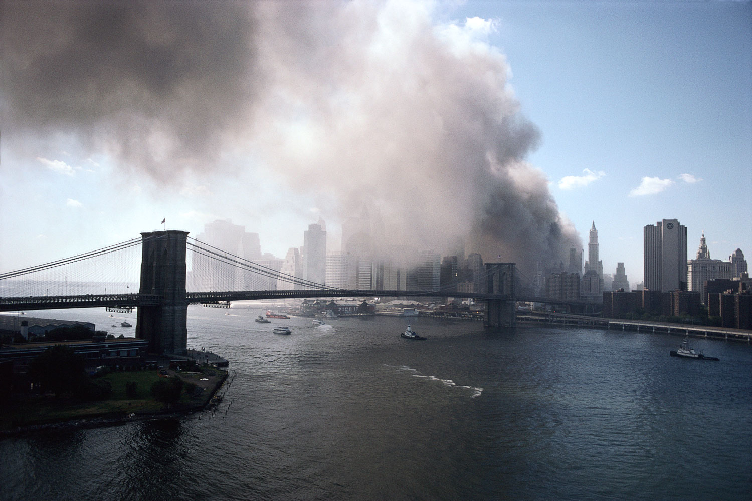 View of Lower Manhattan from the Manhattan Bridge, Brooklyn, September 11, 2001.