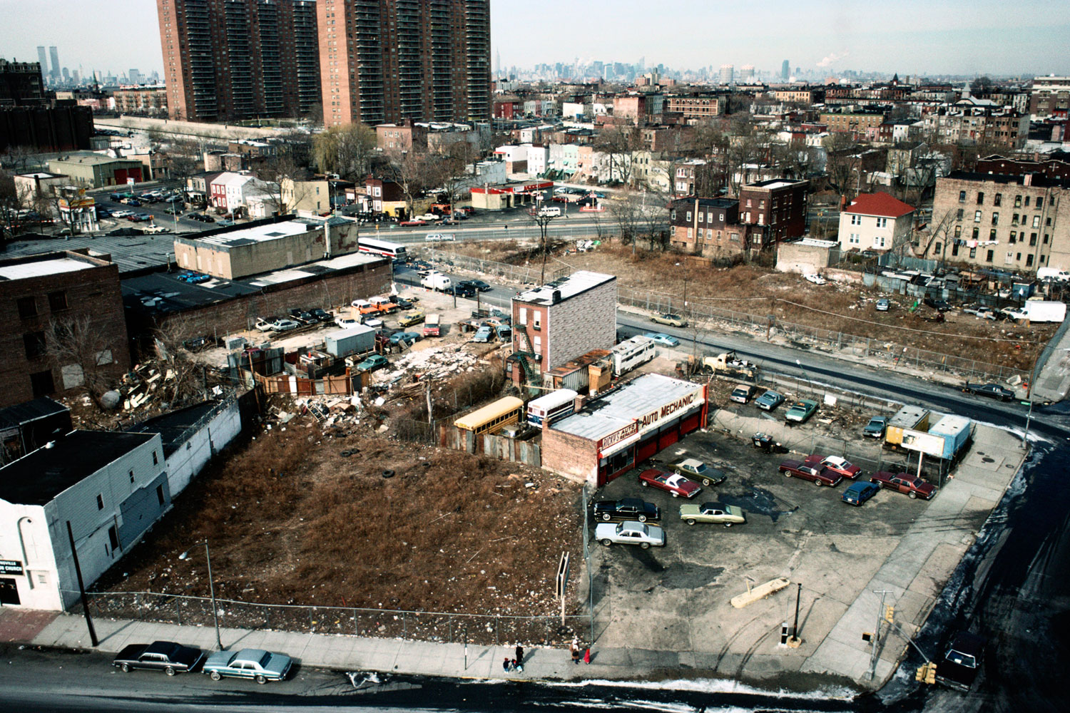 View southwest from the roof of the Howard Houses, Mother Gaston at East New York Avenue, Brooklyn, 1989. The section of Ocean Hill-Brownsville seen in the foreground was one of the poorest and most desolate neighborhoods in the city.