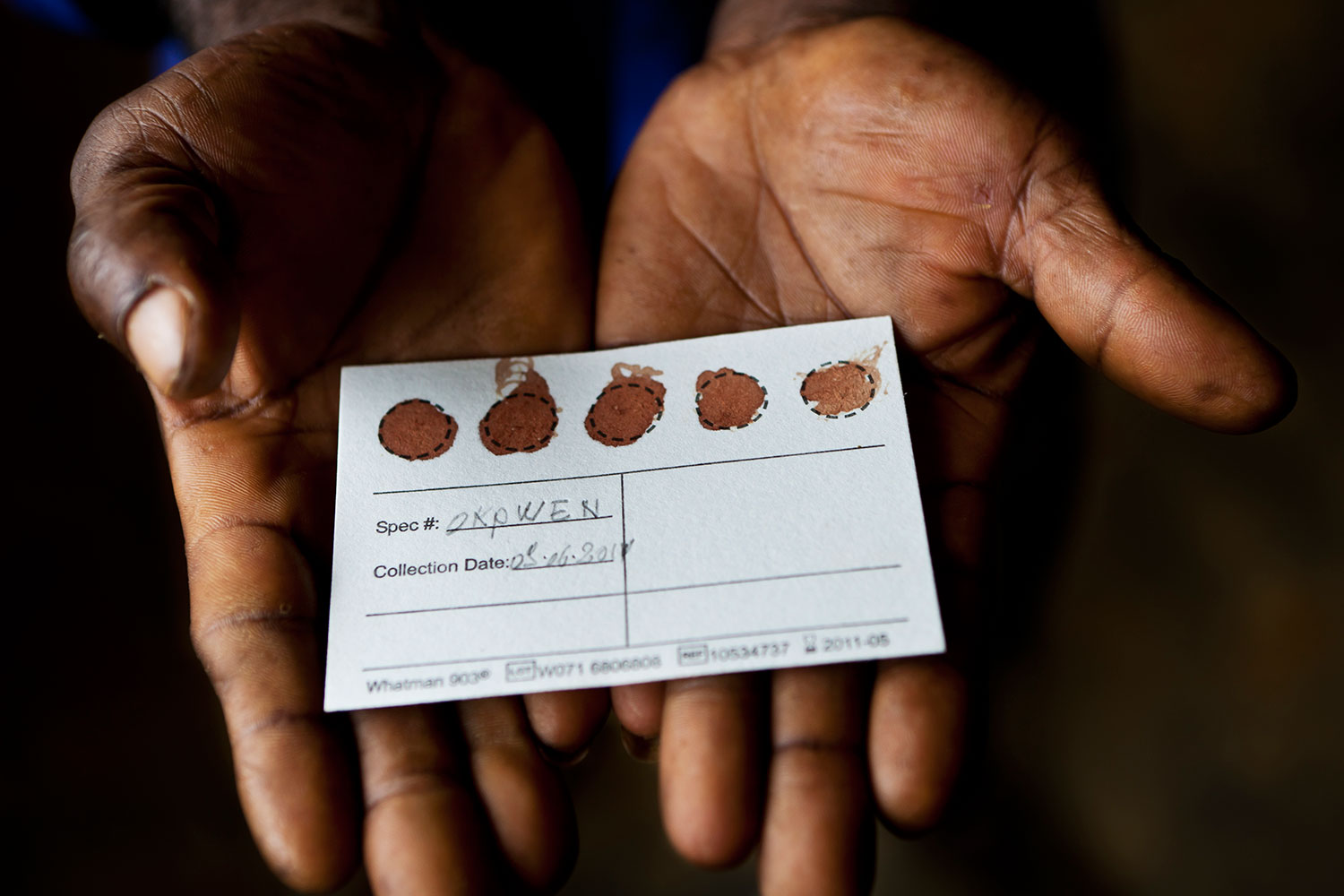 Wolfe’s team distributes specialized preserving paper to hunters and ask that they note the location of their kills and mark the paper with five drops of blood from each animal. The team then collects the paper and screens them for viruses. Nyabissam, Cameroon. July 27, 2011