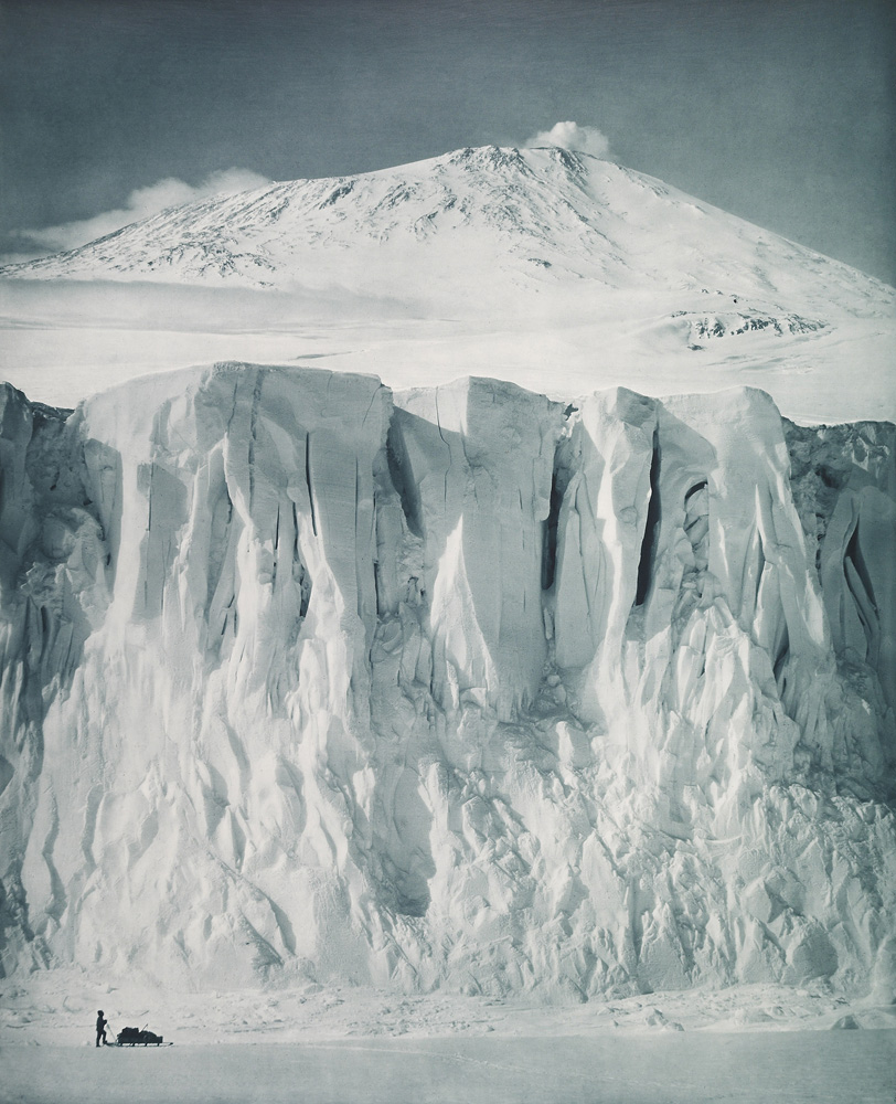 The ramparts of Mount Erebus, an active volcano on Ross Island which was first climbed by members of Shackelton's Nimrod expedition, seen here in 1911.