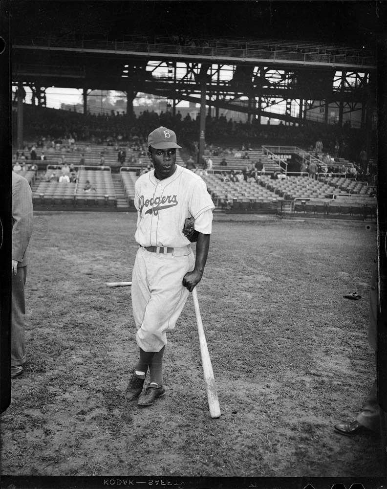 Brooklyn Dodgers baseball player Jackie Robinson at Forbes Field, Oakland, 1947.