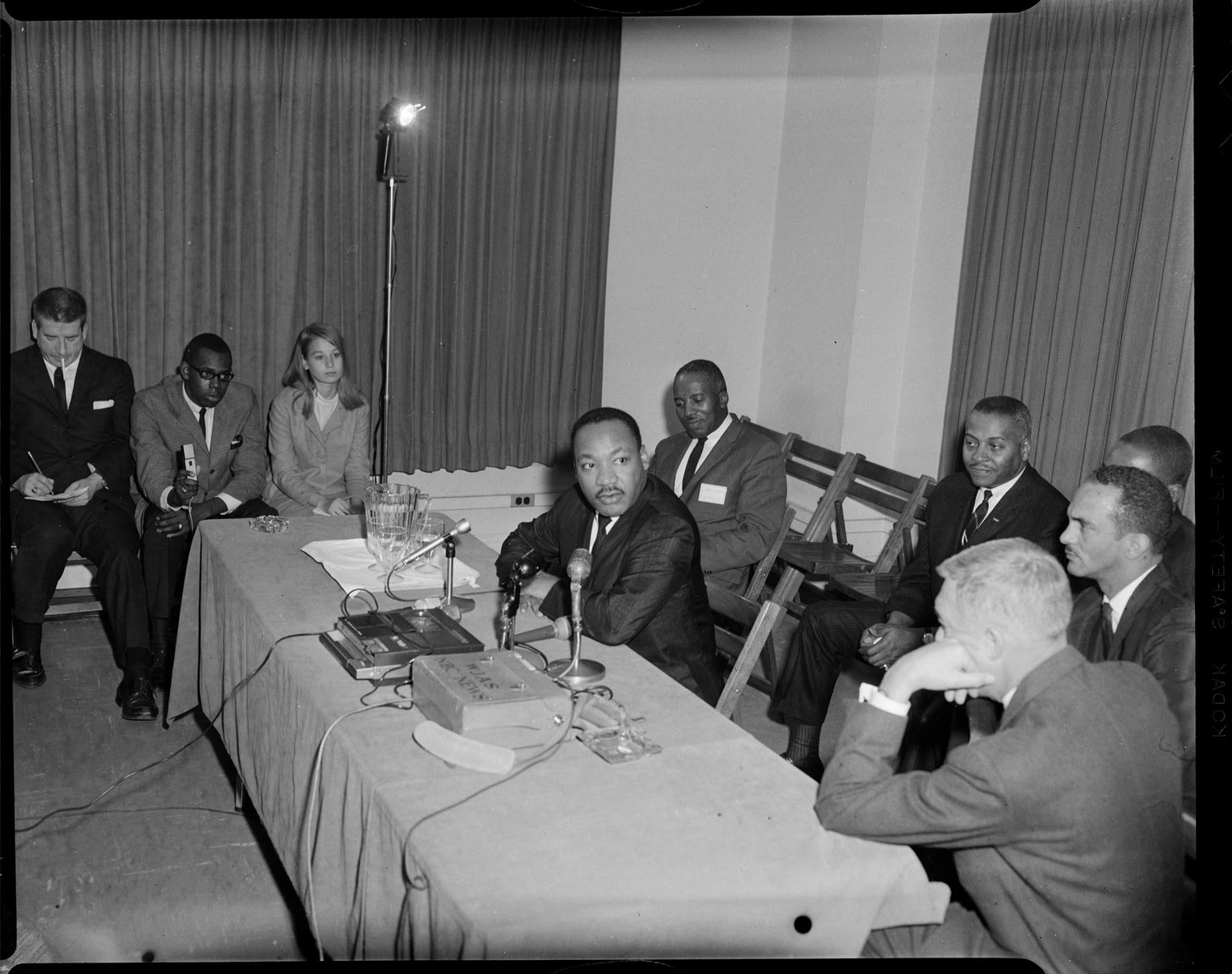 Dr. Martin Luther King Jr. at a press conference, University of Pittsburgh, November 1966.