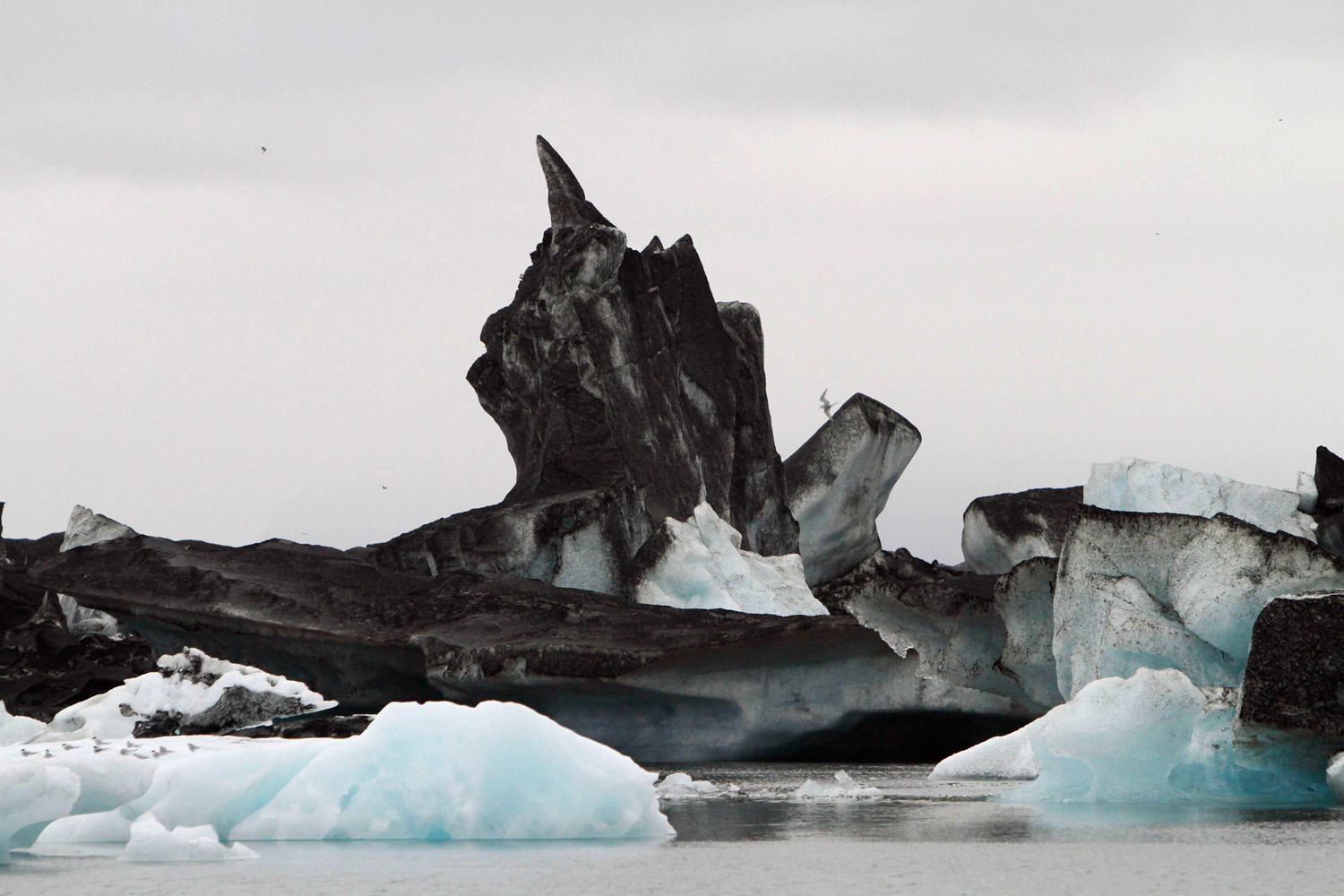 May 26, 2011. Icebergs covered in ash from the Grimsvotn volcano eruption, in the glacier lagoon at the base of Vatnajokull, Iceland.
