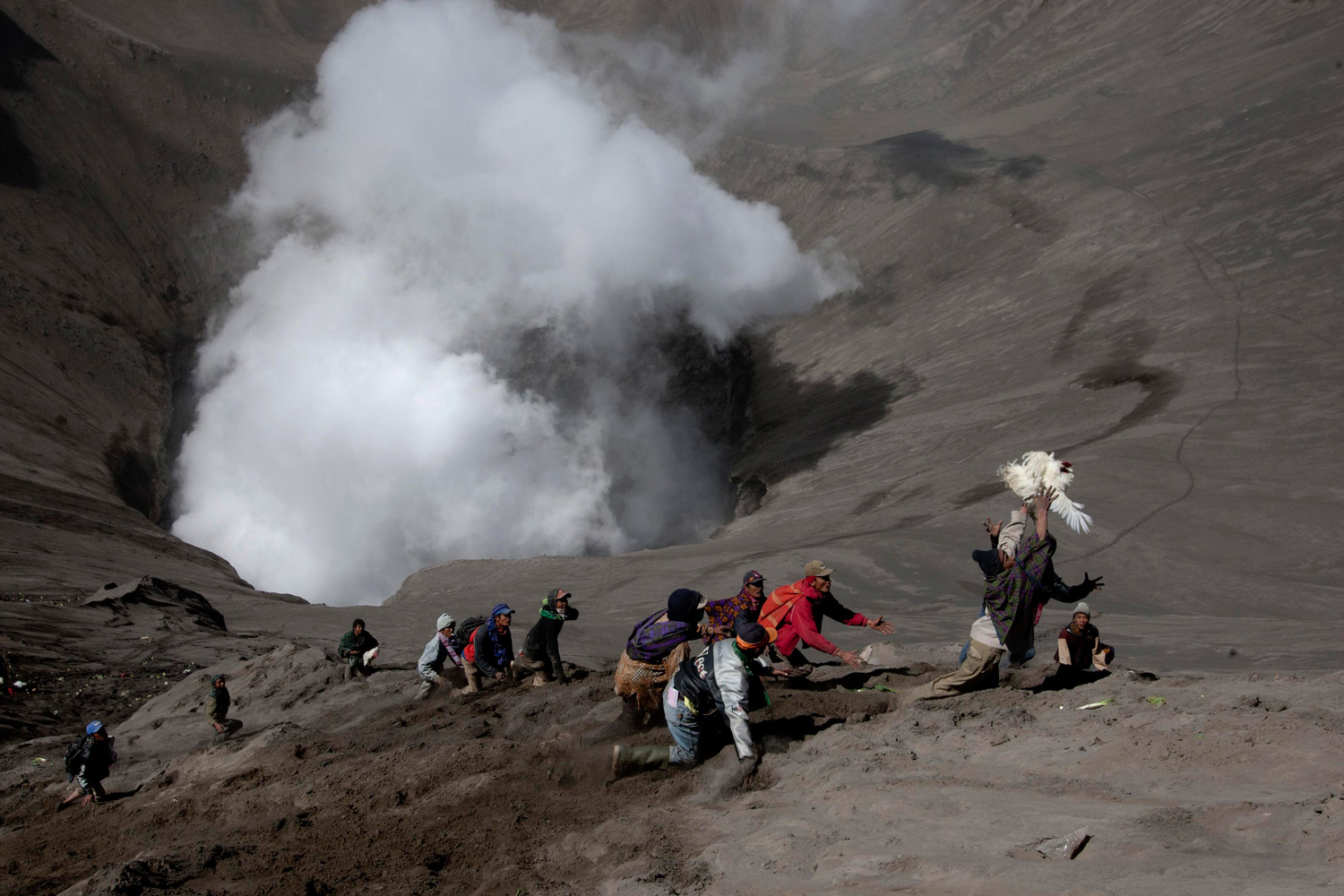 August 15, 2011. Villagers attempt to catch a chicken thrown by worshippers into a volcanic crater during the annual Kasada festival at Mount Bromo in Indonesia's East Java province. Villagers and worshippers throw offerings such as livestock and other crops into the volcanic crater to give thanks to the Hindu gods for ensuring their safety and prosperity.