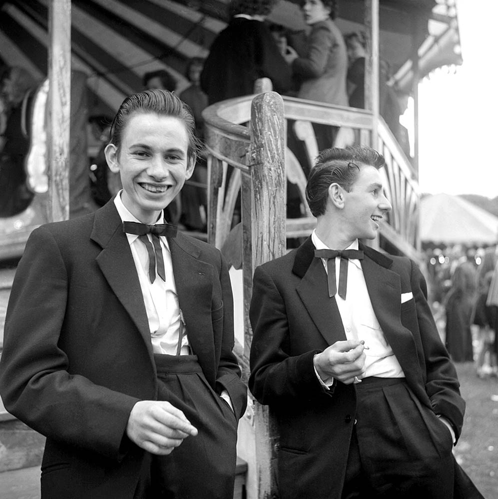 Two unnamed Teddy Boys at a funfair—one of only two pictures taken of Teddy Boys on this shoot.