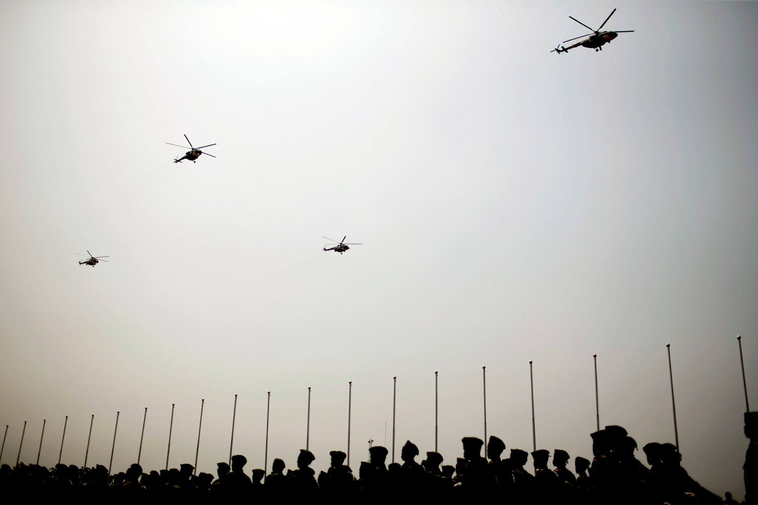 July 7, 2011. Southern Sudanese military helicopters fly over an independence rehearsal procession in Juba, southern Sudan. The Government of Southern Sudan is making lavish preparations to celebrate its declaration of independence from the north on July, 9.