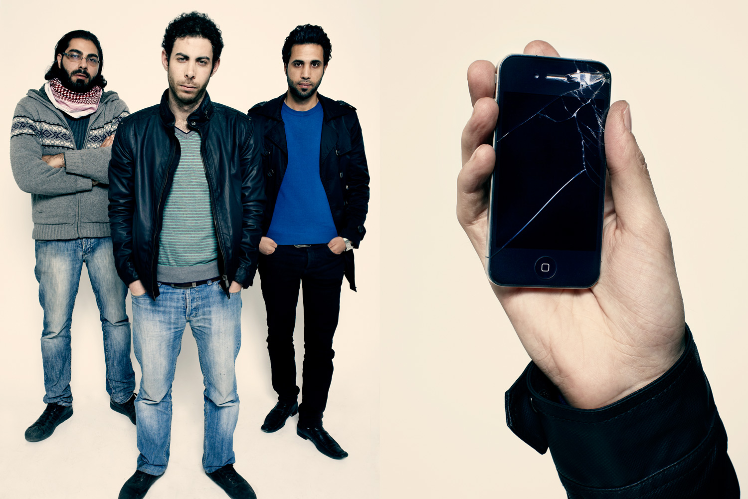 Syrian activists Abdul Hamid Sulaiman, Rami Jarrah and Mohamed Abazid all fled the country.  I was tortured for three days, and that’s when I became more active and started using a pseudonym,  Jarrah says. Right, his damaged iPhone.