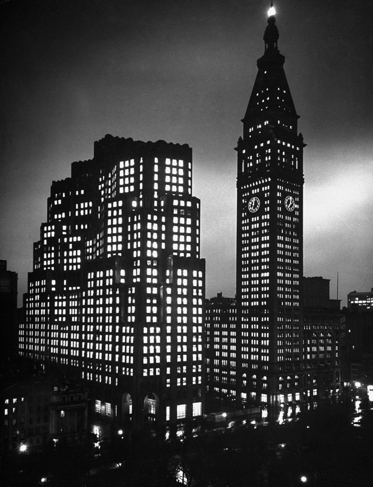 The new Metropolitan Life Insurance Company North Building, left, and the 1909 Metropolitan Life Insurance Company Tower at night, Madison Square, New York City, May 1947.