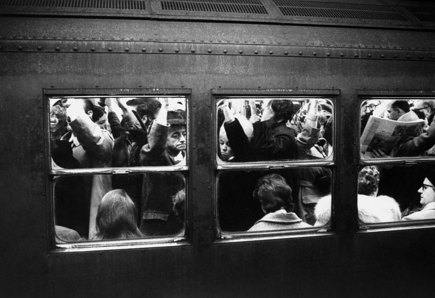 Crowed commuters on a train during rush hour on Manhattan's IRT subway in January 1970.