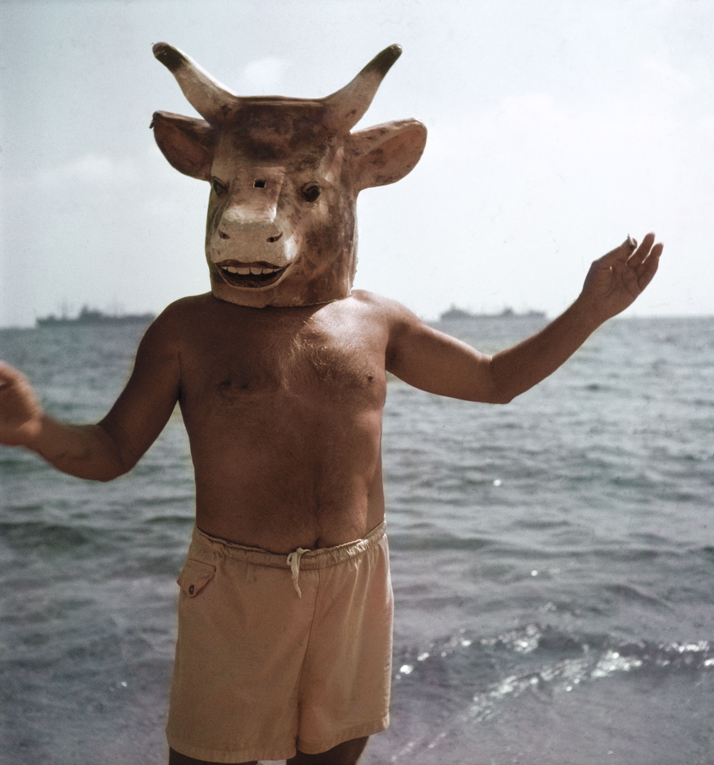 On the beach at Golfe-Juan in 1968, Gjon Mili captures Pablo Picasso reveling in two of his artistic obsessions: the mask and the minotaur, a mythical half-bull, half-man that featured prominently in much of the artist's work.