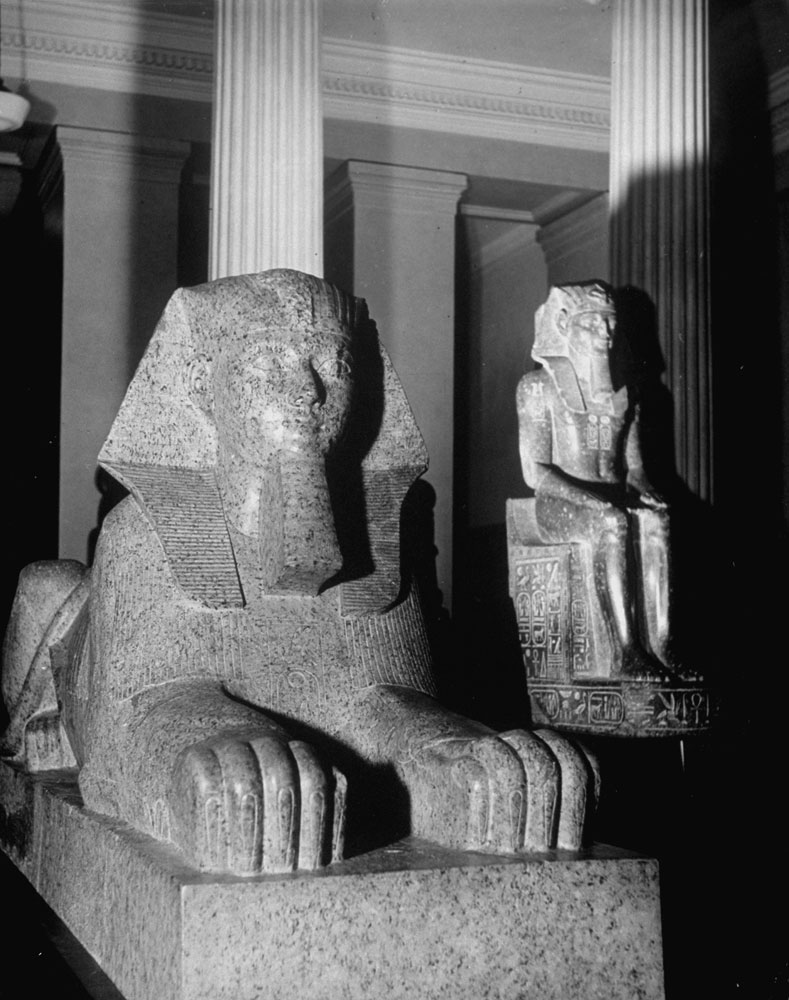 Egyptian xcuptures of a pphinx and seated figure are displayed beside columns inside the he Metropolitan Museum of Art.
