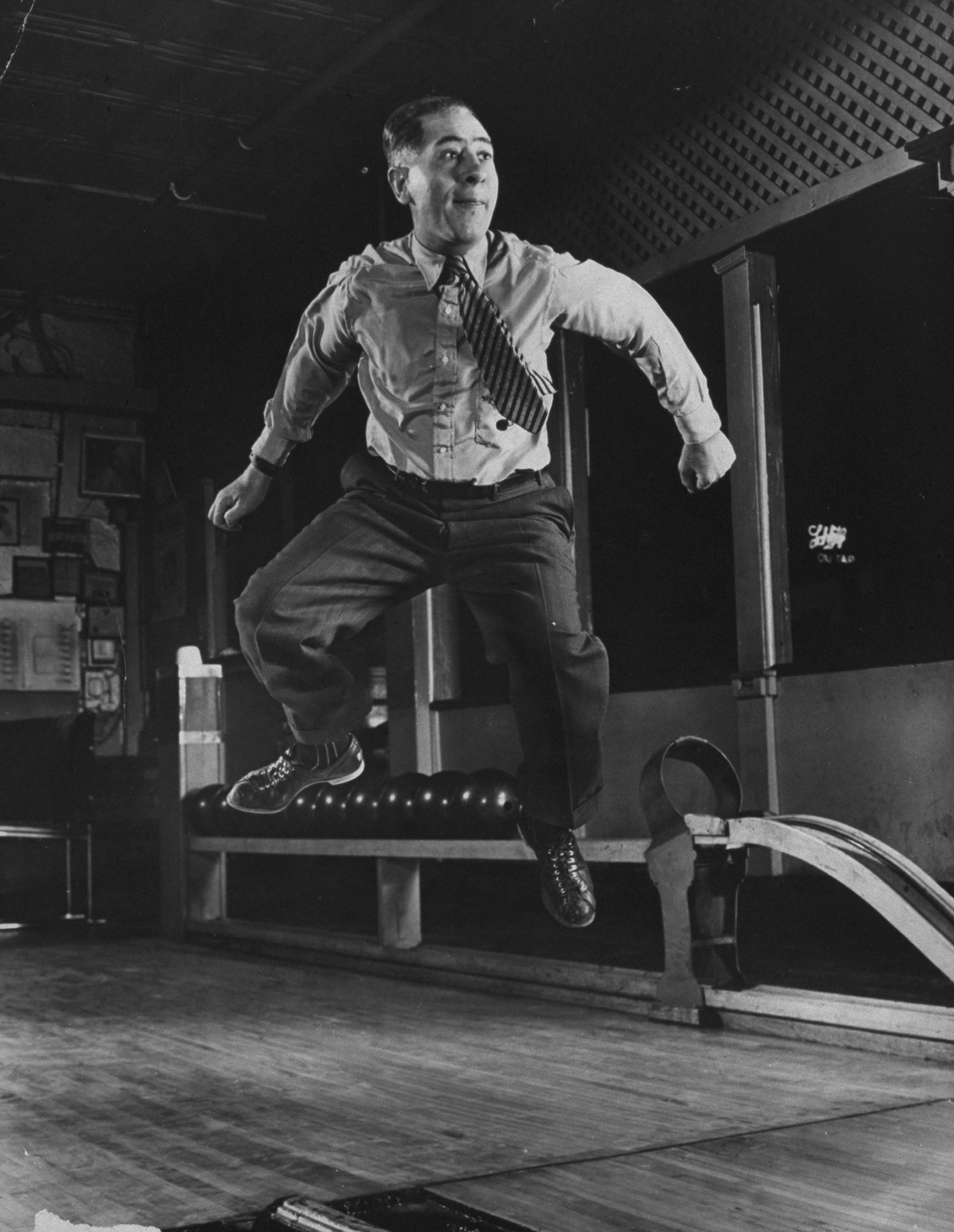 United States Bowling Congress Hall of Famer Joe Falcaro in midair, 1940.