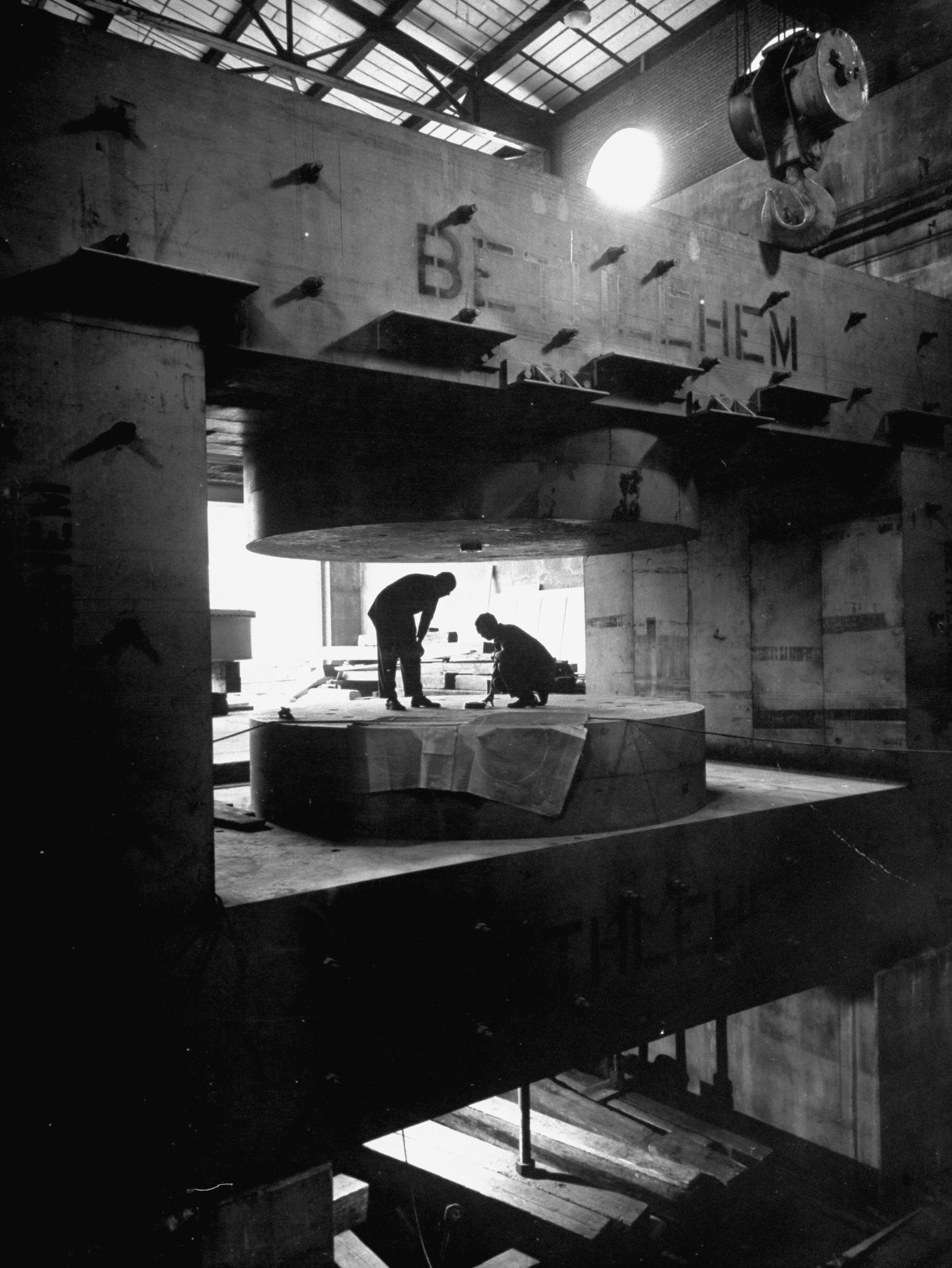 A cyclotron magnet frame at Columbia University's Nevis Lab, Irvington, New York, 1947.