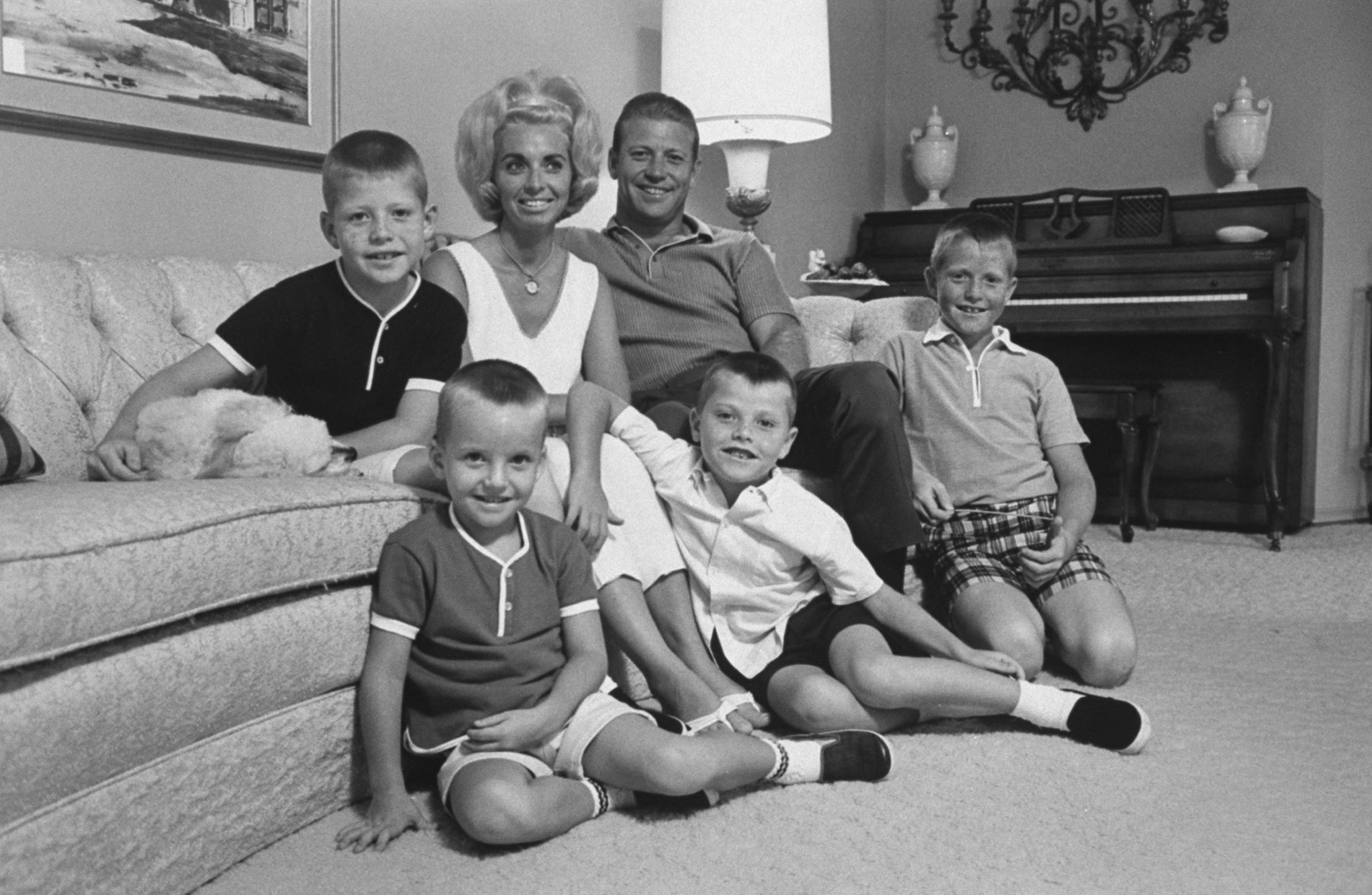 Mickey Mantle poses with his wife Merlyn and their young sons (right to left) Mickey Jr. (who died of cancer in 2000), Billy (who died of Hodgkin's disease in 1994), Danny, and David, in Texas in 1965.