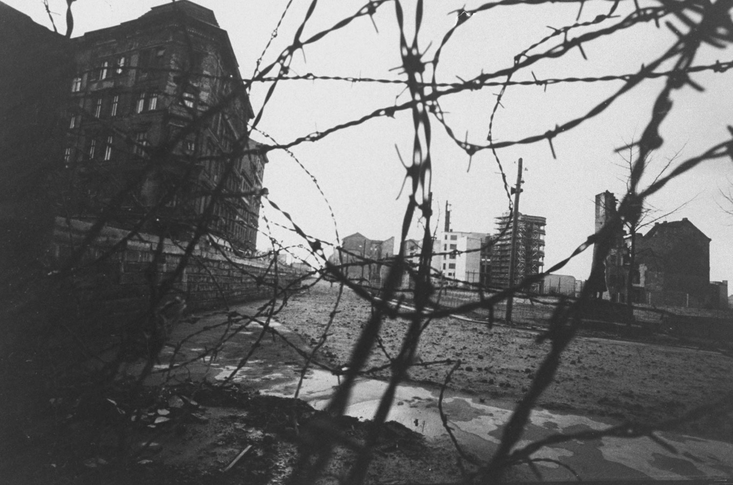 A divided Berlin is seen through a tangle of barbed wire.