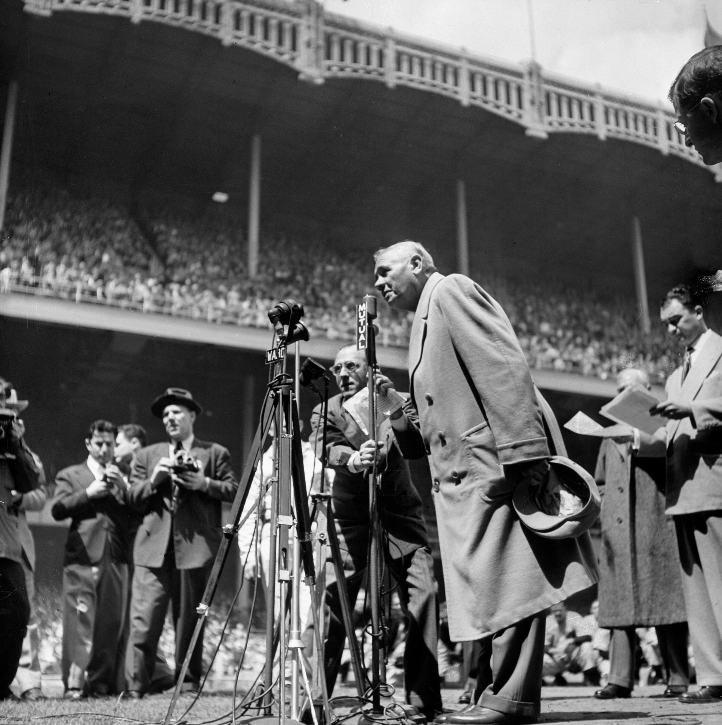 An obviously ailing Babe Ruth thanks the crowd at Yankee Stadium on "Babe Ruth Day," April 27, 1947.