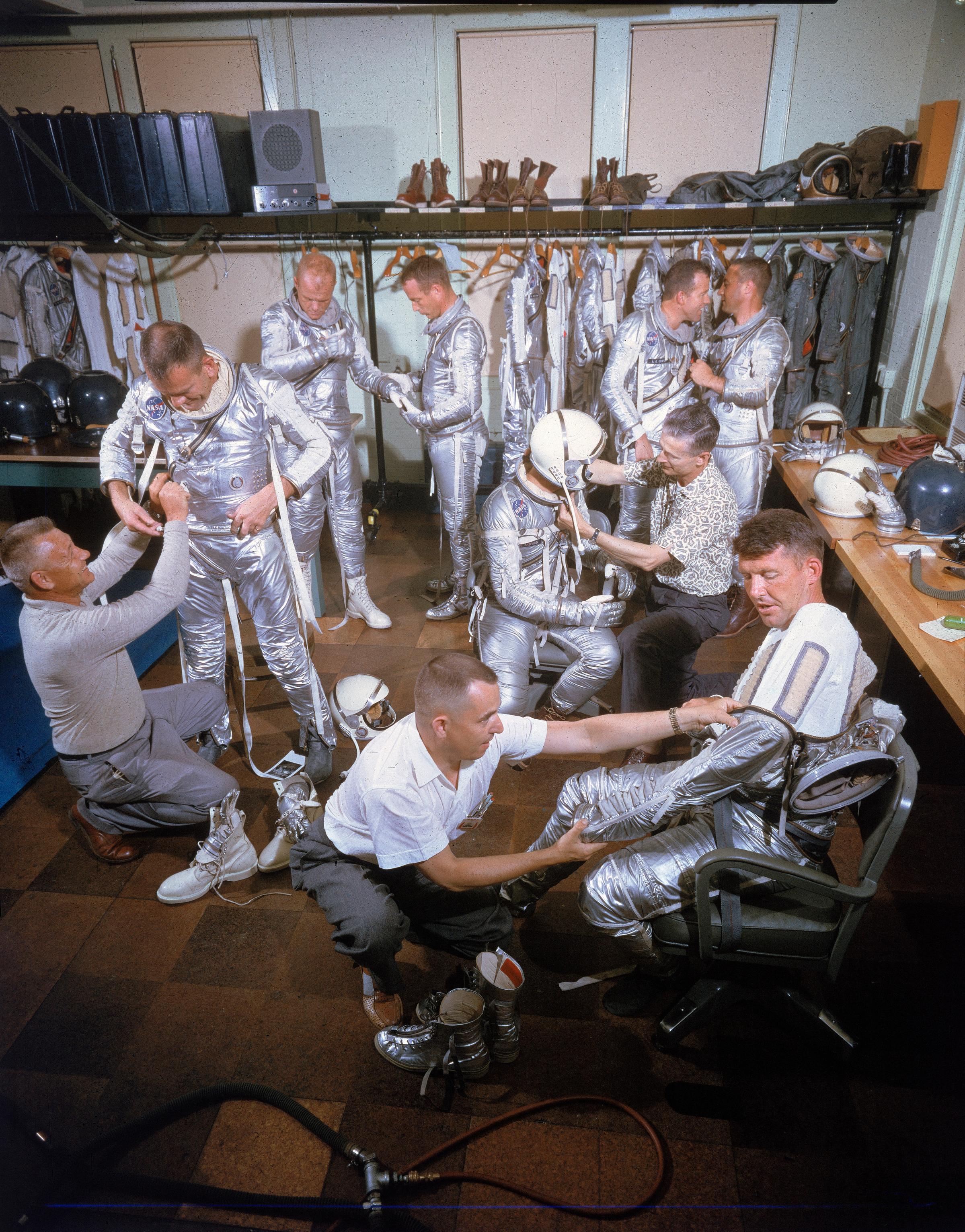 Project Mercury astronauts model their new space suits, 1959.