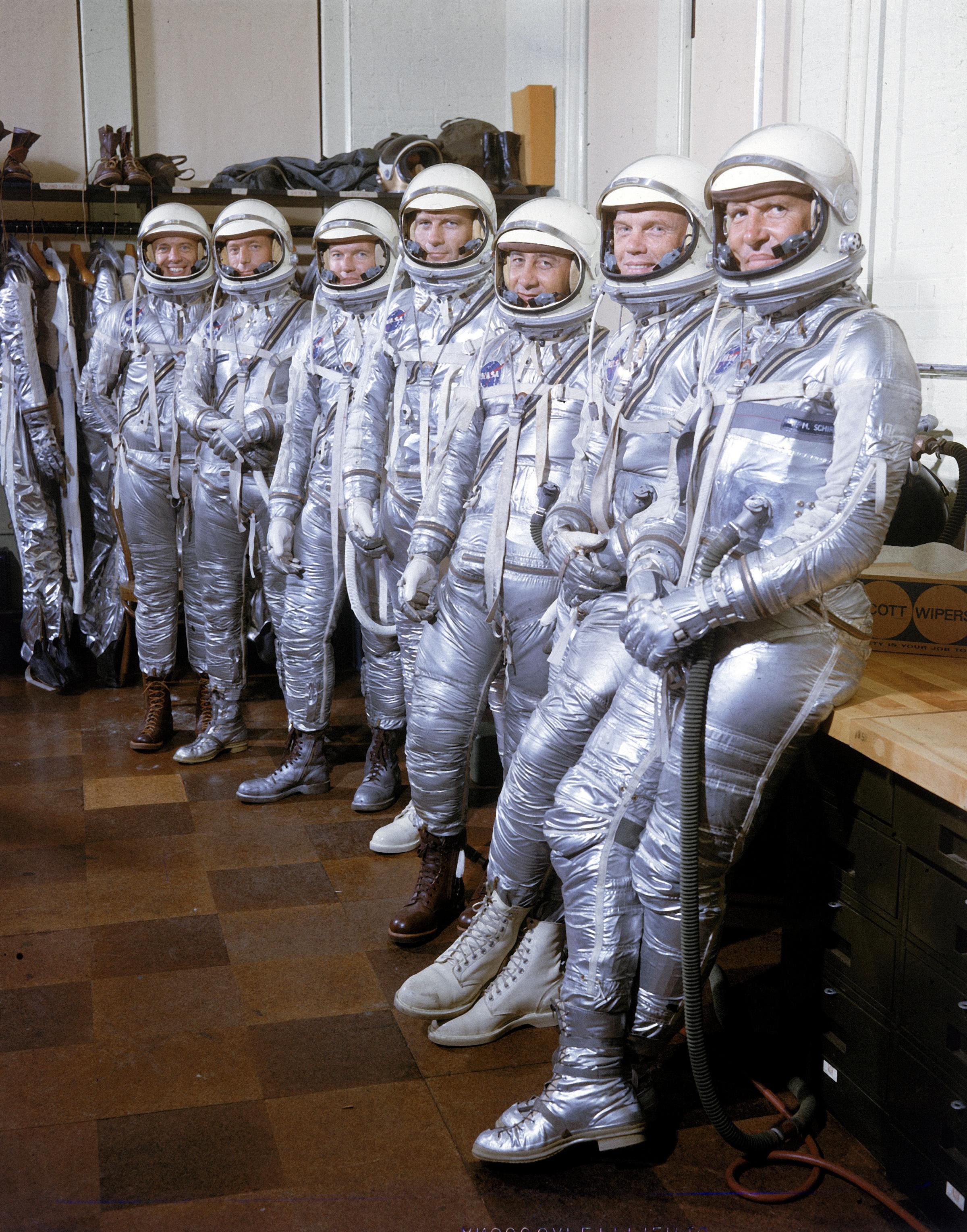 Project Mercury astronauts model their new space suits, 1959.