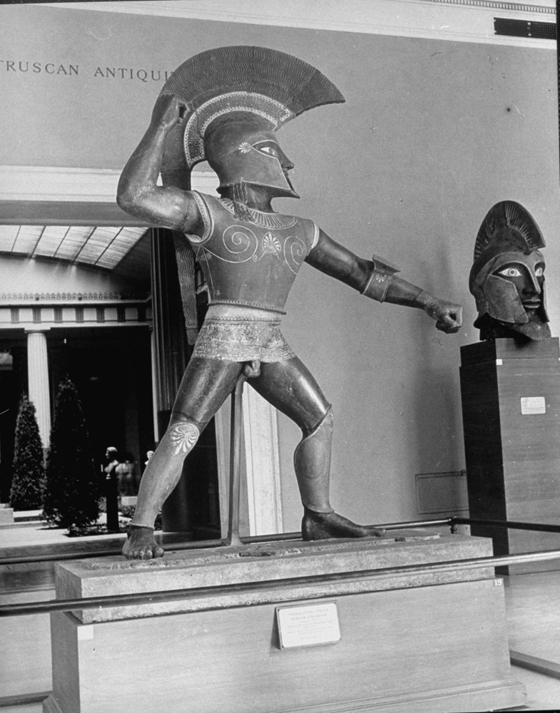 Proven a fake in 1961, this warrior statue was thought to be Etruscan when it was photographed by Alfred Eisenstaedt at the Metropolitan Museum of Art, January 1939.