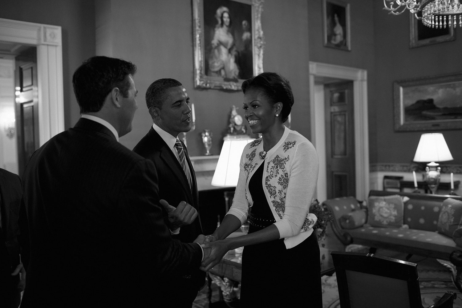 Janauary 17, 2012. Michelle Obama greets a St. Louis Cardinal team player in the Red Room.