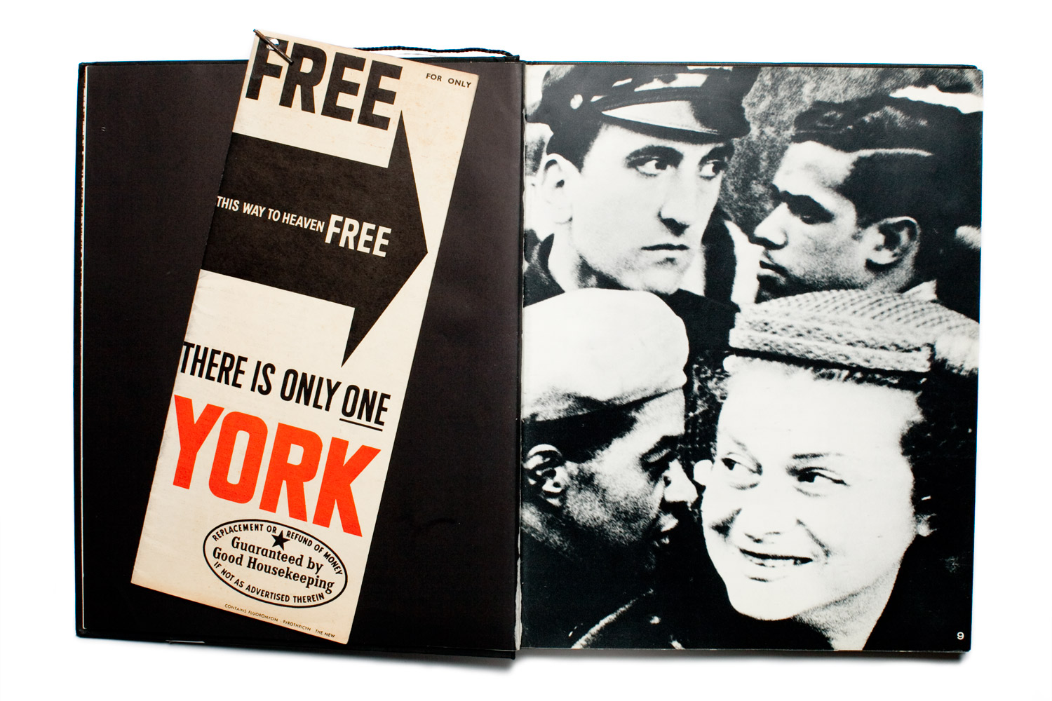 William Klein’s background in painting and graphic design informed his photography and the layout of the book. The publication included a small booklet of advertising and signage, on a cord, bound into the spine.