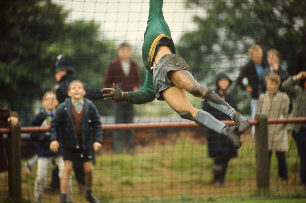 Brazil's goalkeeper, Gilmar, leaps to block a shot during World Cup practice in Liverpool, 1966.
