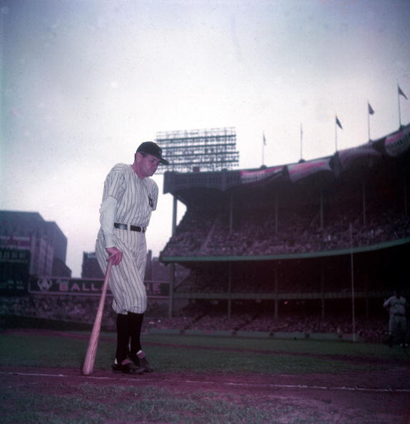 Babe Ruth waits to address the Yankee Stadium crowd, June 13, 1948.