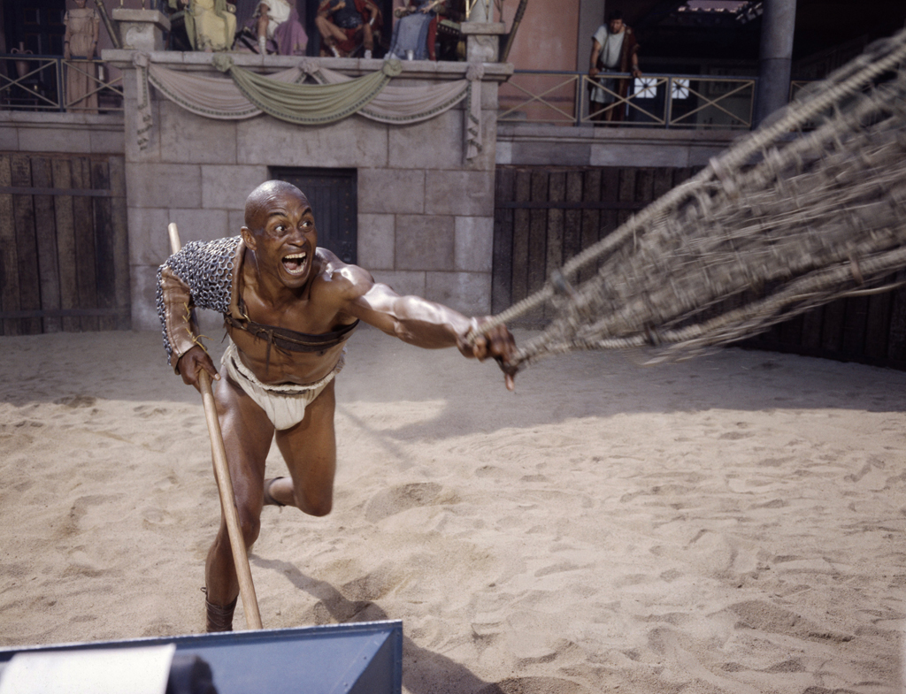 World War II vet, decathlete and football star-turned-actor Woody Strode, as the gladiator Draba.
