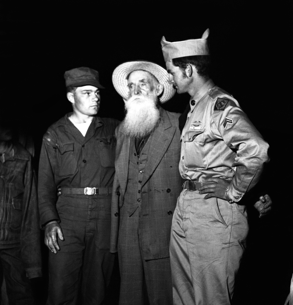 Short Creek raid, Arizona, 1953. Pictured: Joseph Smith Jessop, 84, a founder of the Short Creek community; his son Tom and his nephew George, both Korean War veterans.