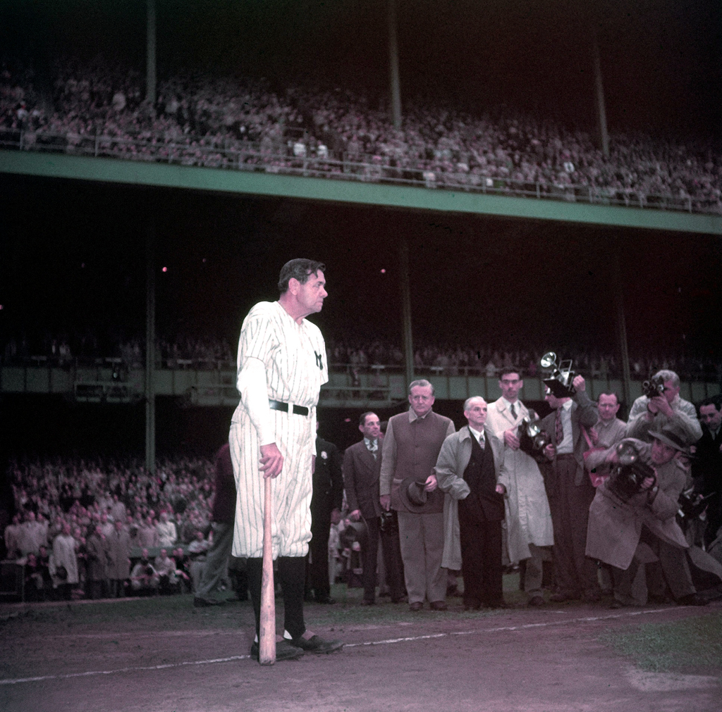 Babe Ruth waits to speak at Yankee Stadium, June 13, 1948, the day the Bombers retired his uniform number.