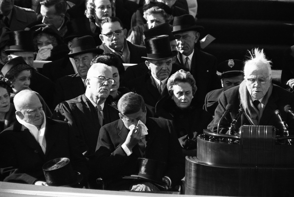 Robert Frost reads a poem at John Kennedy's inauguration.