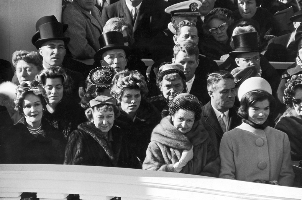 Pat Nixon, Mamie Eisenhower, Lady Bird Johnson, and Jacqueline Kennedy stand during the Inauguration