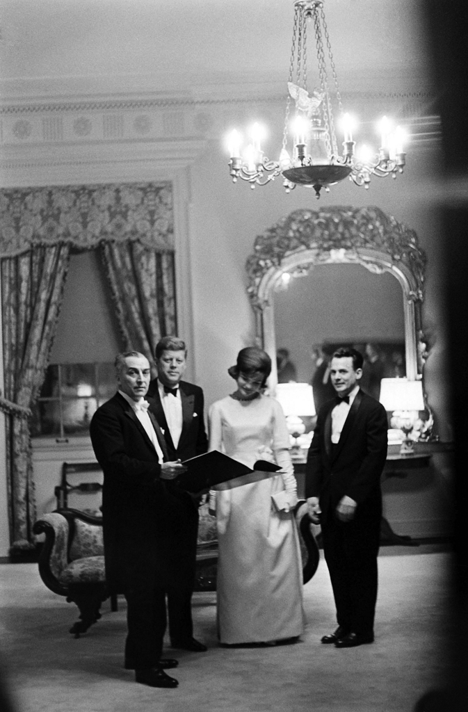 John and Jackie Kennedy dressed in formal wear on the evening before the inauguration.